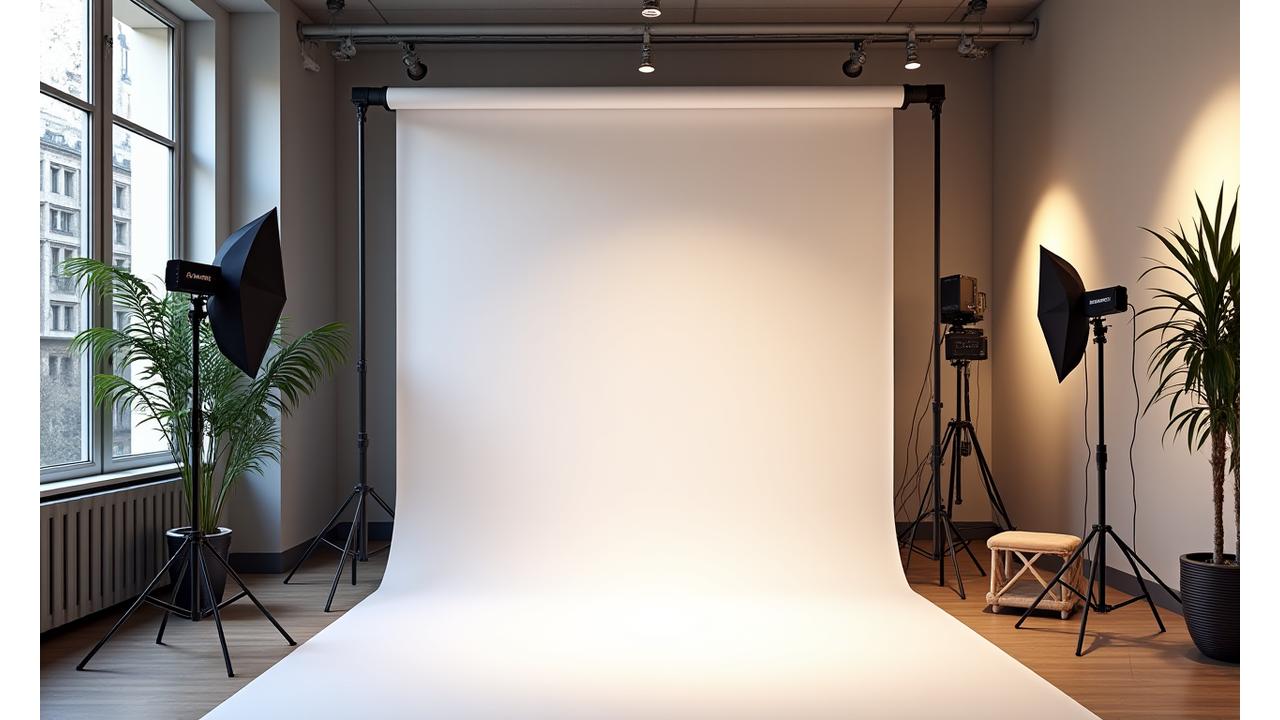 Intérieur lumineux et moderne du studio Lumière Scène à Paris avec équipement photographique