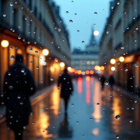 Scène de rue parisienne sous la pluie, ambiance cinématographique