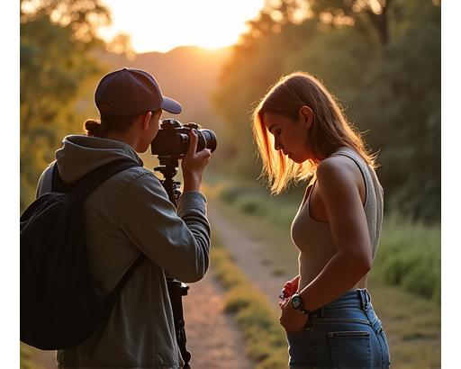 Photographe en train de travailler avec un modèle en extérieur, lumière naturelle