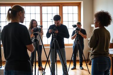 Groupe de photographes apprenant dans un atelier lumineux