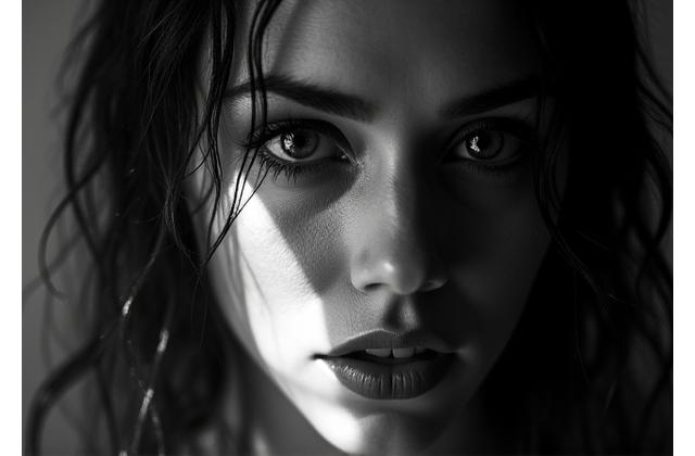 Portrait artistique en noir et blanc, visage d'une femme mélancolique